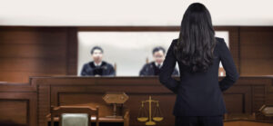 Attorney,Woman,On,Courtroom,Talking,To,Magistrate,In,Court,Box.